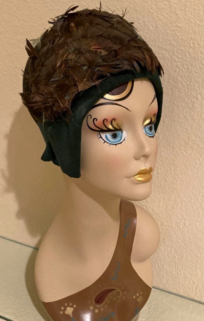 Antique Green & Brown Feather Cloche Hat Solid with Feather Accents, One Size