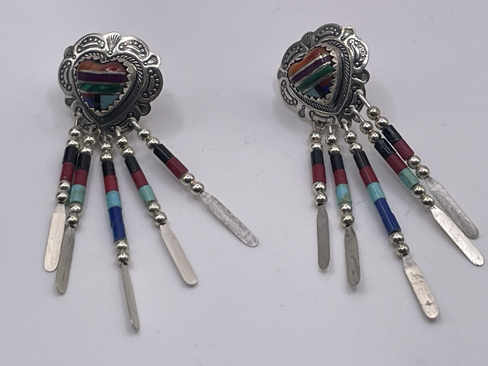 Vintage QT Southwestern Earrings Sterling Silver Multi Stone Heart Dangle 925 Vintage QT Southwestern Earrings Sterling Silver Multi Stone Heart Dangle 925