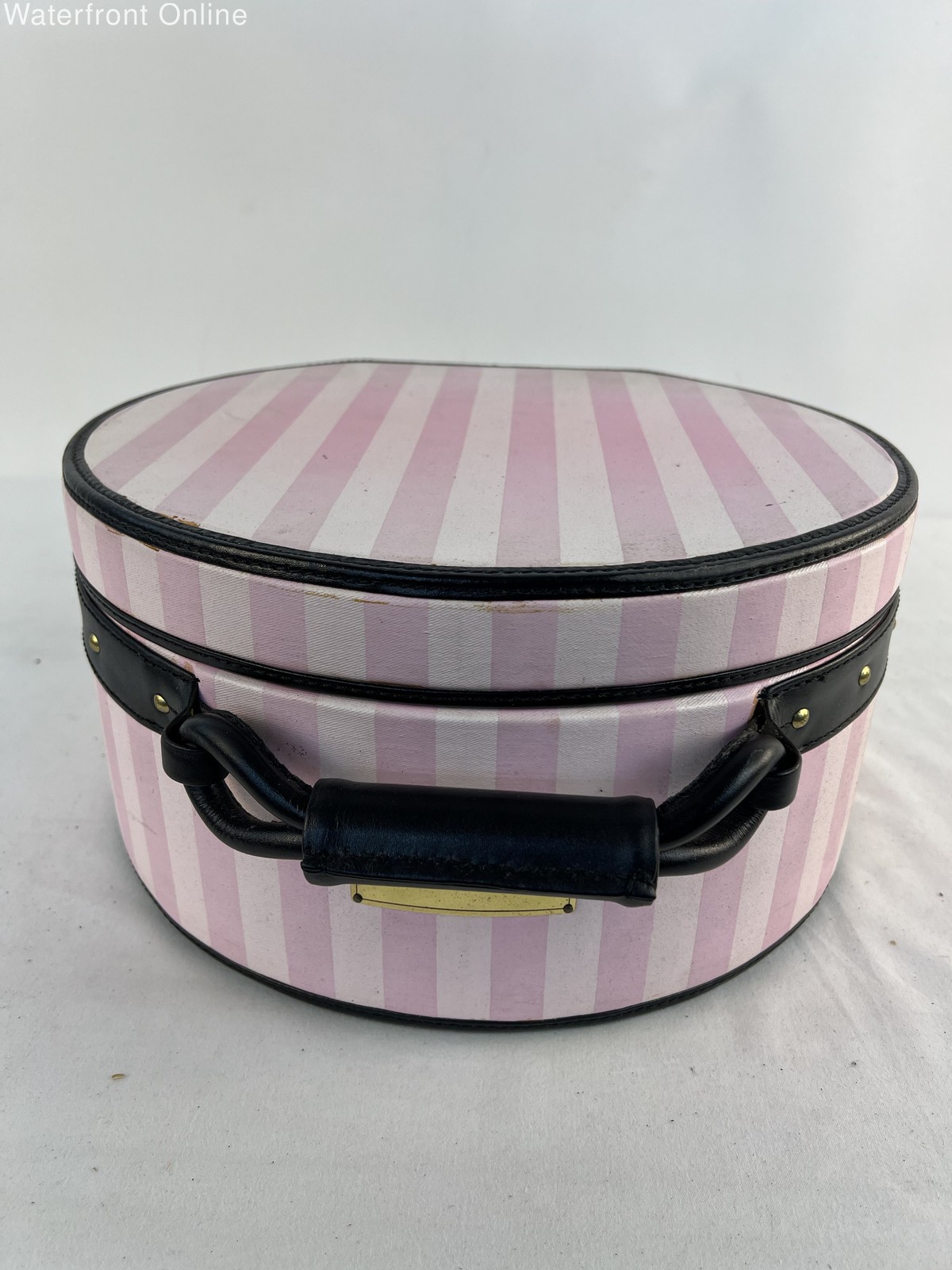 Victoria\'s Secret Vintage Pink Striped Round Train Case Display Box Large 13.5\