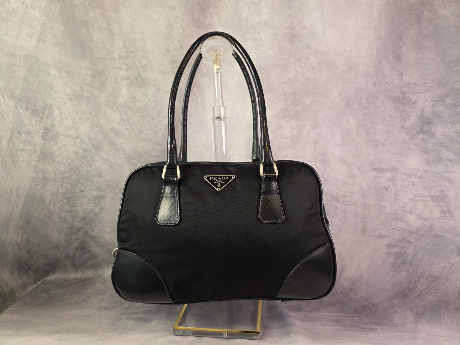 Authentic Vintage Prada Black Tessuto Nylon Leather Shoulder Bag Padlock No Key