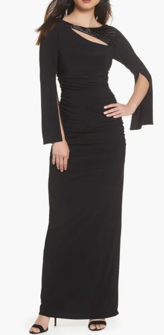 Adrianna Papell Black Beaded Neck Long Sleeve Stretch Jersey Gown -2 NWT $179