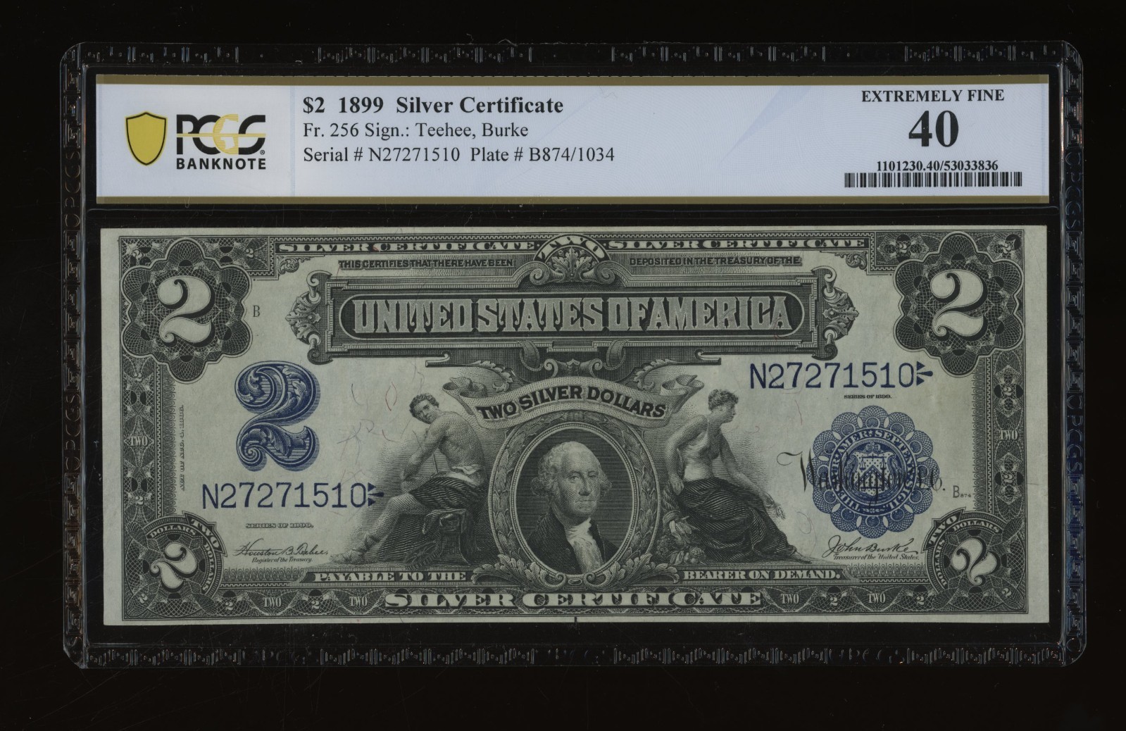 DBR 1899 $2 Silver Cert Porthole Fr. 256 PCGS-B XF-40 Serial N27271510