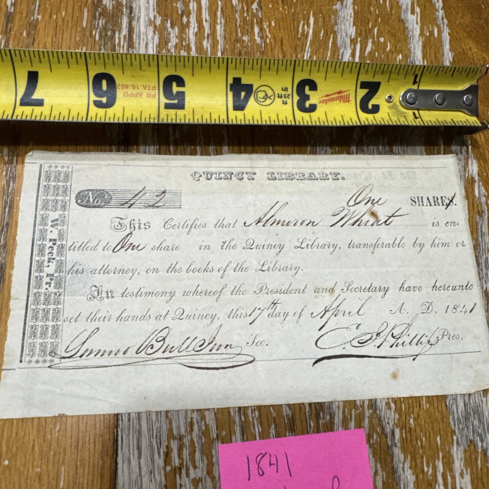 Quincy Illinois Library 1 Share Of Stock 1841 Antique Original Signed American