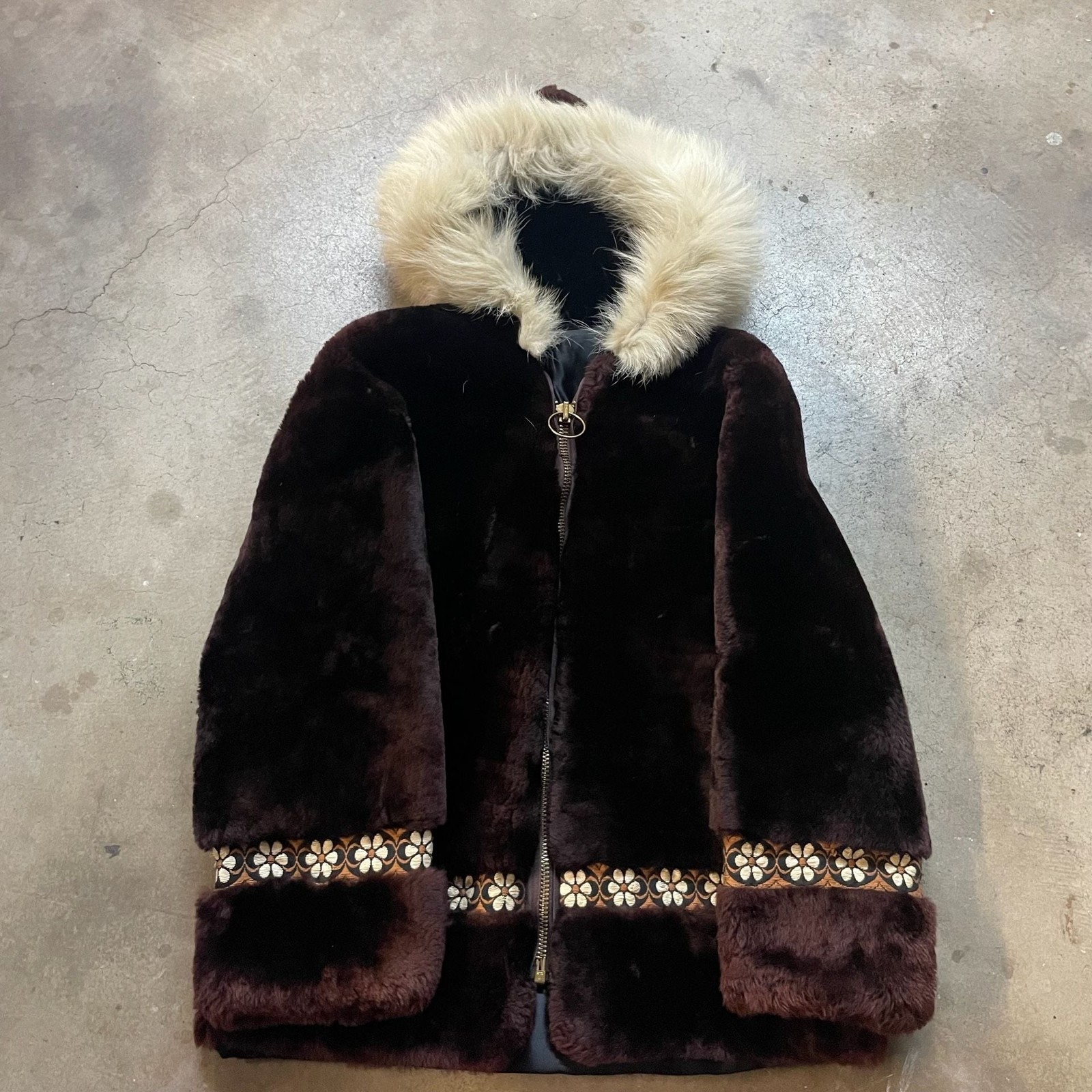 Vintage 60s Faux Fur Floral Tribal Hooded Parka Talon Zipper Size L Vintage 60s Faux Fur Floral Tribal Hooded Parka Talon Zipper Size L