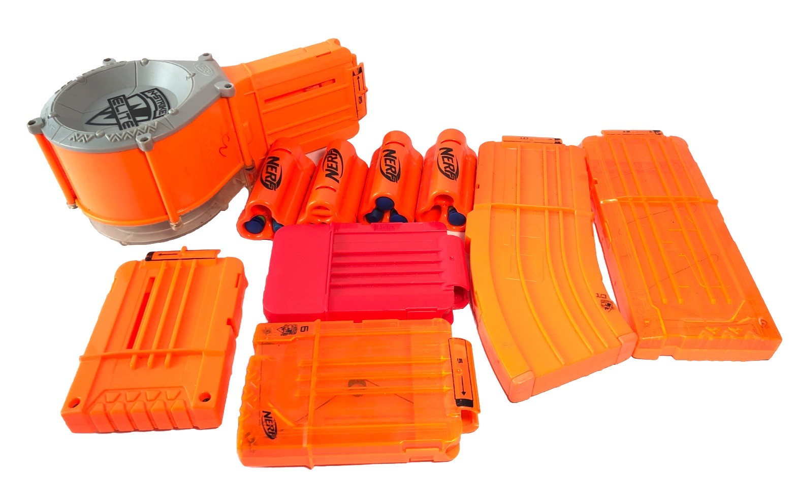 Nerf N-strike Elite Magazine Lot (5) Plus 25rnd Drum Magazine & 4 Dart Shells. Nerf N-strike Elite Magazine Lot (5) Plus 25rnd Drum Magazine & 4 Dart Shells.