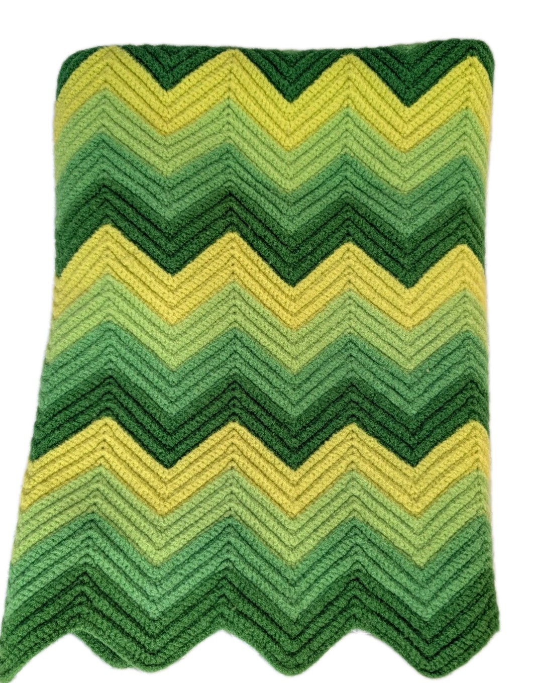 Vtg 1970s Crochet Afghan Throw Blanket Handmade Chevron Zig-Zag Green Ombre 