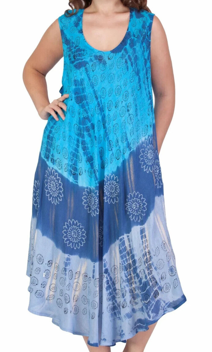India Boutique Umbrella Maxi Dress One Size Plus Size Blue Hippie Tie Dye NWT