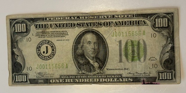 1934 - $100 FEDERAL RESERVE NOTE – BANK OF KANSAS CITY, MO (J)