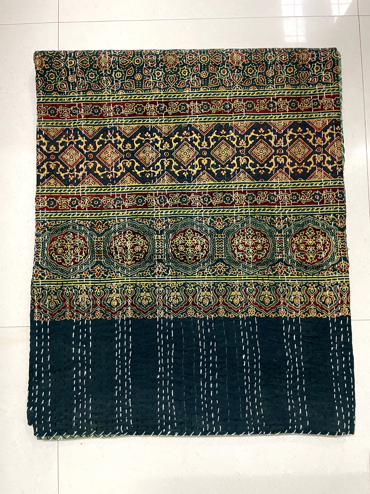 Indian Cotton Vintage Hand Block Print Kantha Handmade Quilt Bedspread Blanket