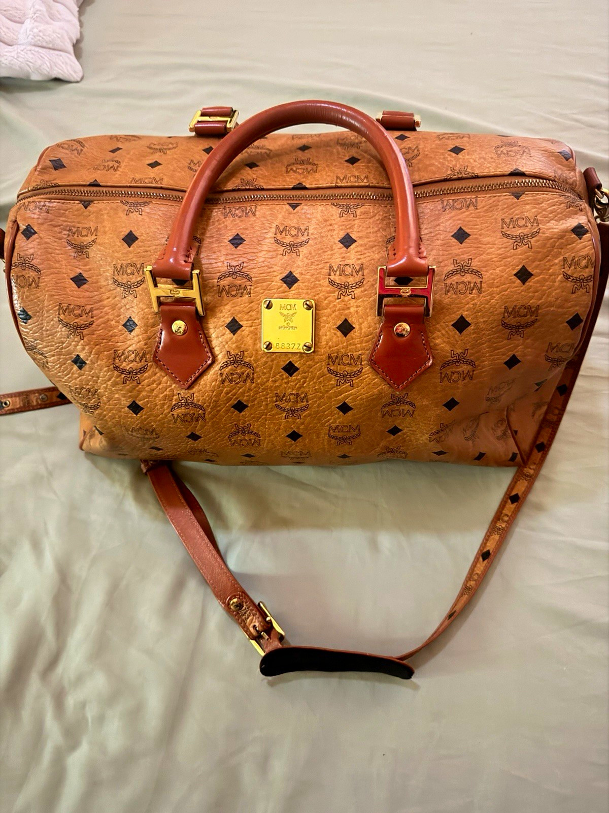 MCM Vintage Brown Viseto Duffle Boston Bag Zip Closure Adjustable Shoulder Strap