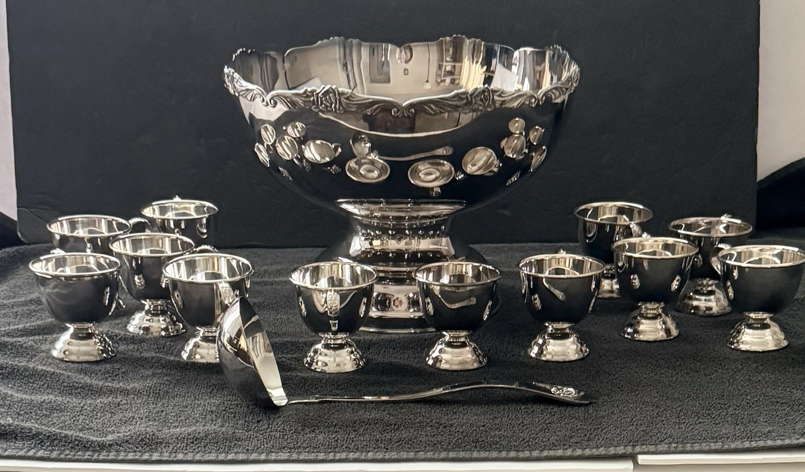 Vintage EP Nickel Silver Punch Bowl Set 12 Cups Ladle Ornate Silverplate Vintage EP Nickel Silver Punch Bowl Set 12 Cups Ladle Ornate Silverplate