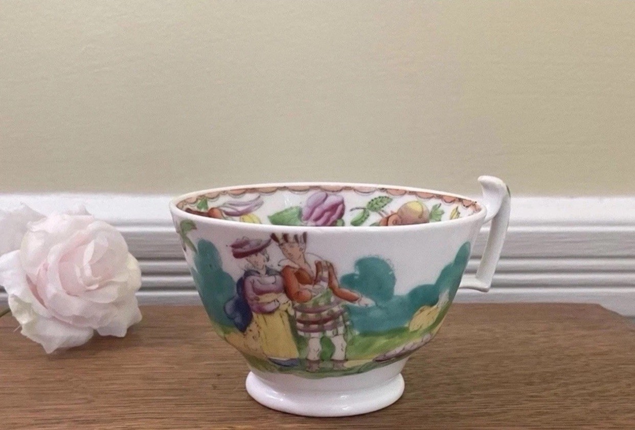Antique 1820s English Bone China Teacup London Shape Handpainted Scottish Couple
