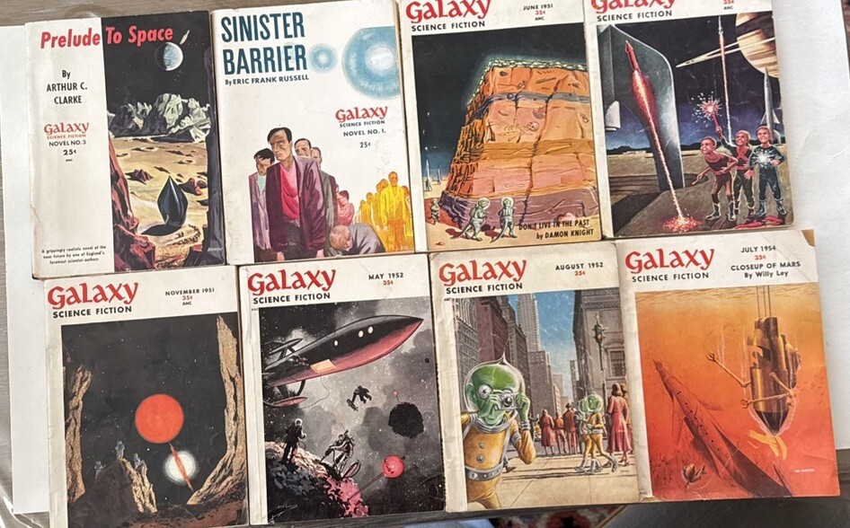 (6)Galaxy Science Fiction Magazines 1951-1954 + Sinister Barrier #1 Prelude #3 (6)Galaxy Science Fiction Magazines 1951-1954 + Sinister Barrier #1 Prelude #3