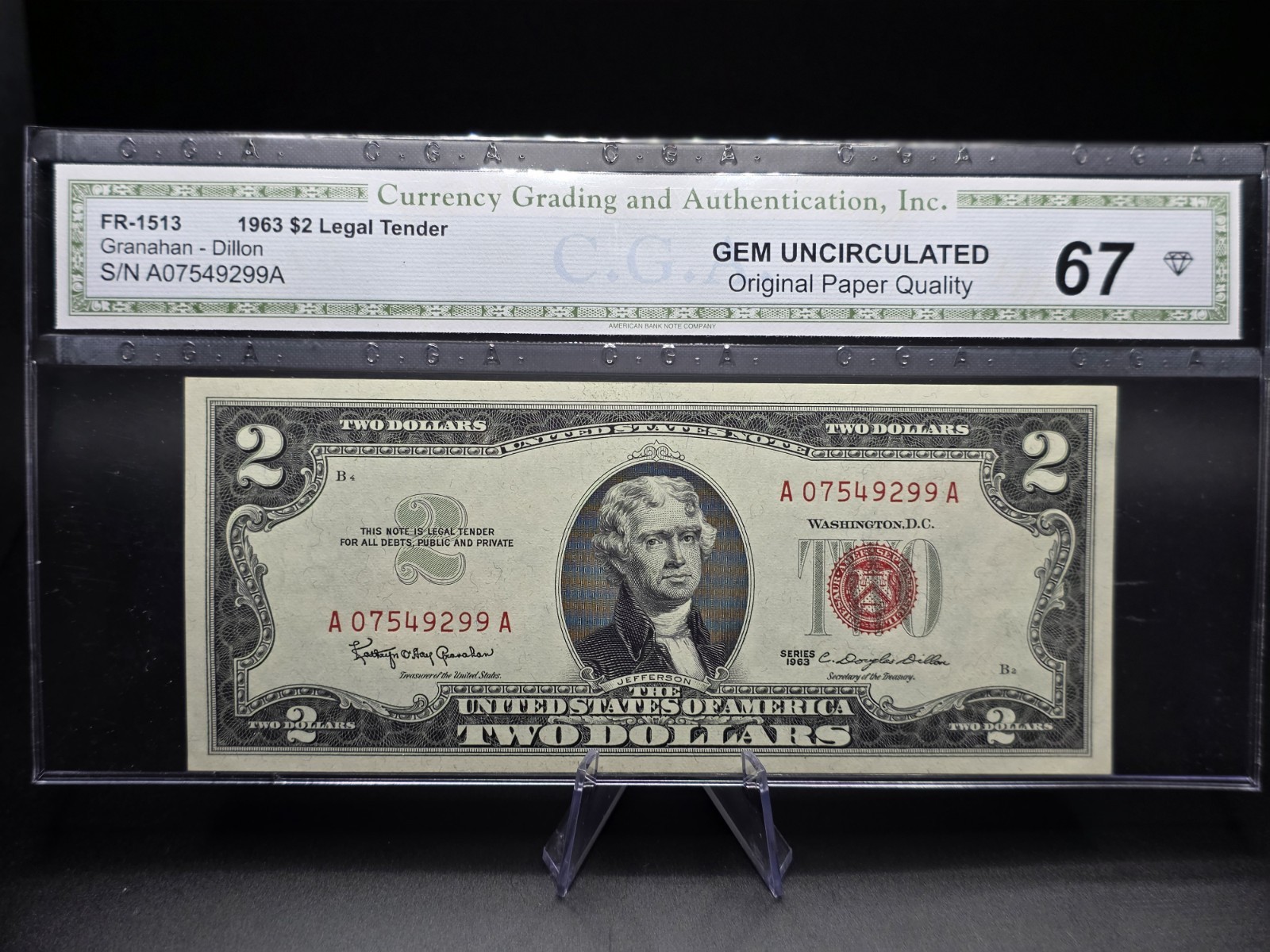 1963 $2 Dollar United States Note Red Seal Gem UNC. 67 C.G.A. FR-1513 Nice Note
