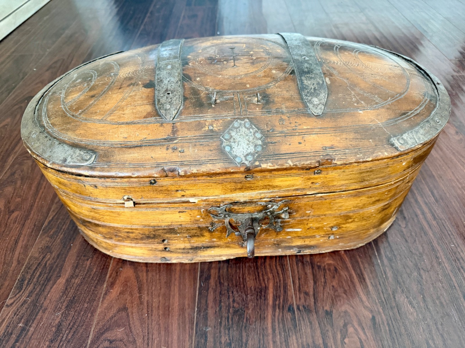 Antique Swedish/Scandinavian Bentwood Travel Chest- Iron Bound Folk Art