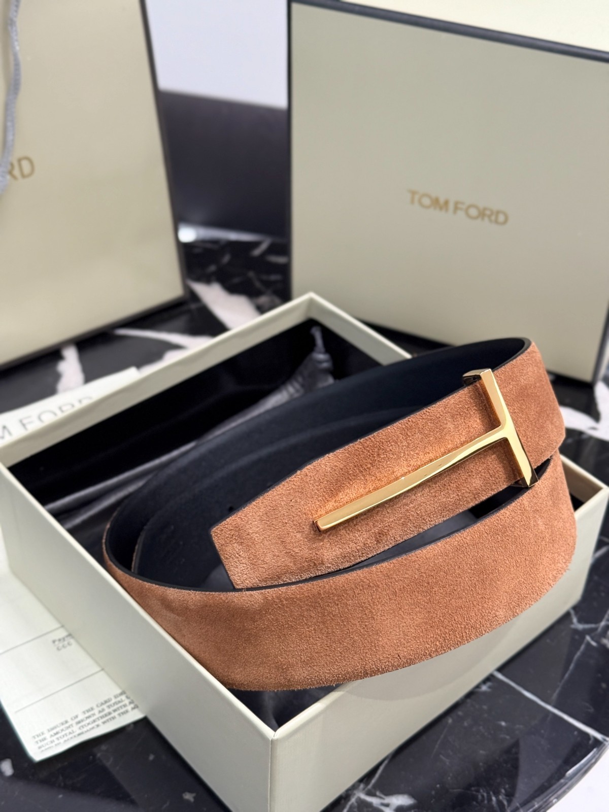 Tom Ford T Buckle Suede Leather Belt 4.0cm Brown Suede Waist Strap 100cm