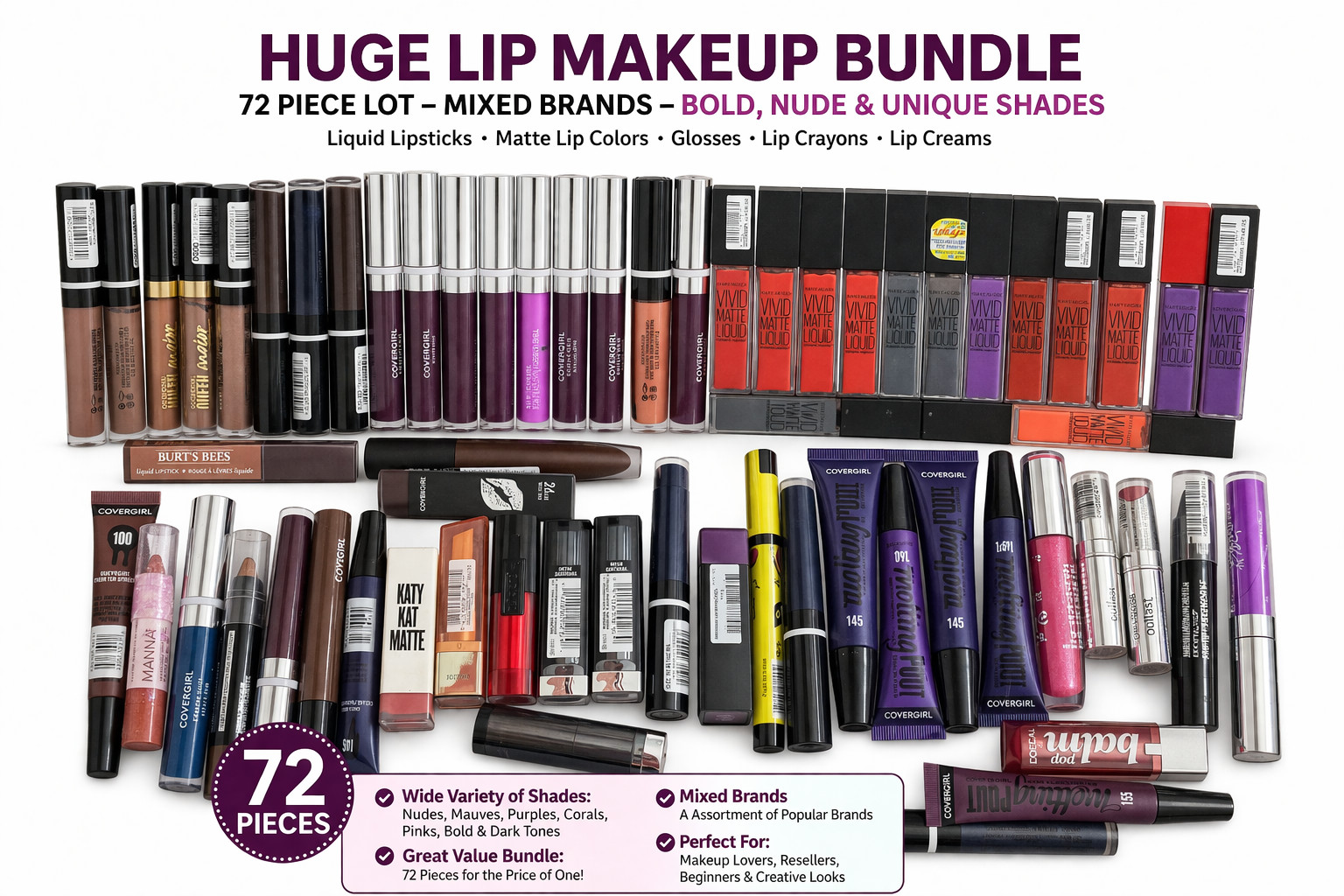 Huge 72 Pc Lip Makeup Lot Mixed Brands Bold Rare Unique Shades Lipsticks Gloss M