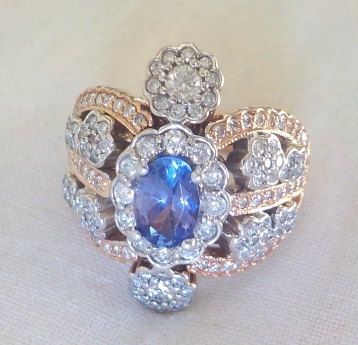 Regal 14K Rose Gold 0.9ct Tanzanite 0.86ct Diamond Halo Ring - 11.03 gm, Sz 6.25
