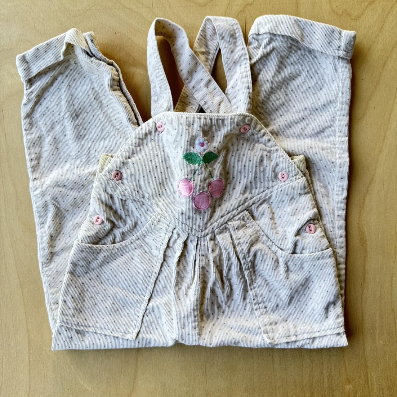 Cream polka dot baby vintage overalls with cherry embroidery Size: 24 months