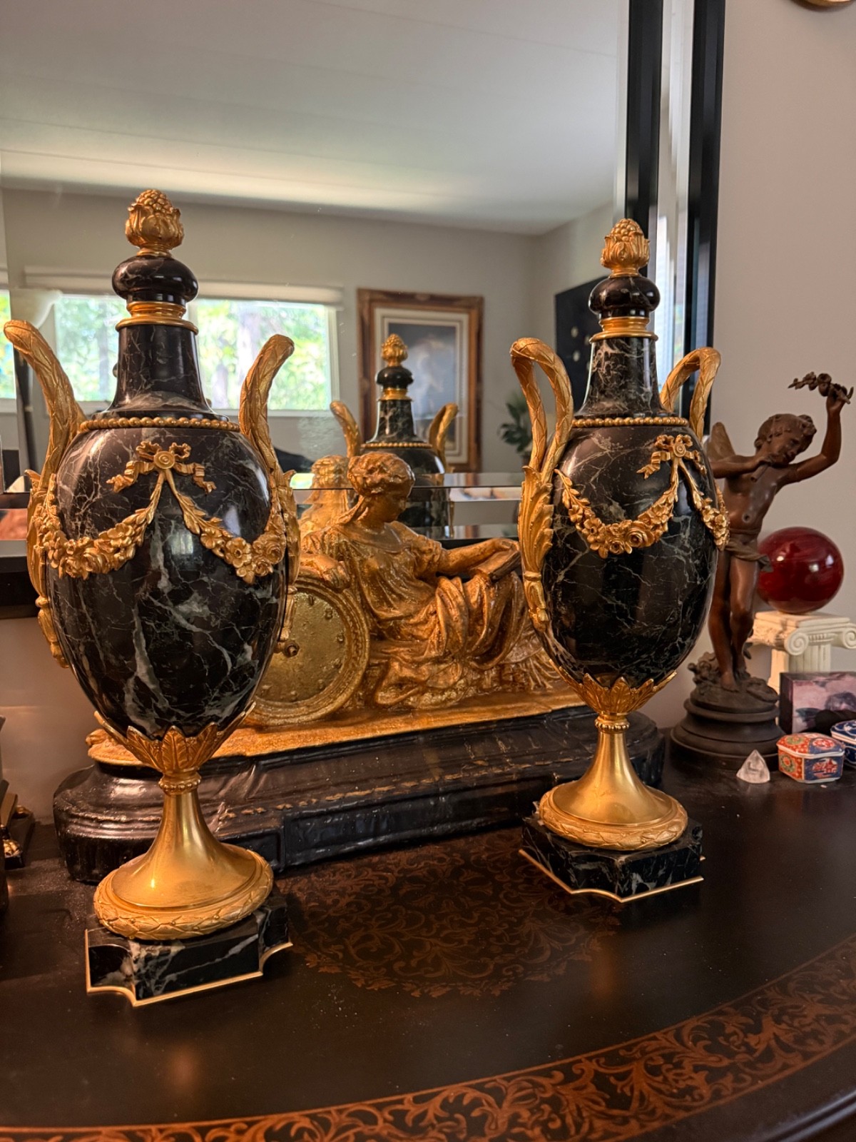 Pair Exceptional 1870 Gold Ormolu French Louis XVI Verdi Marble Cassoletts