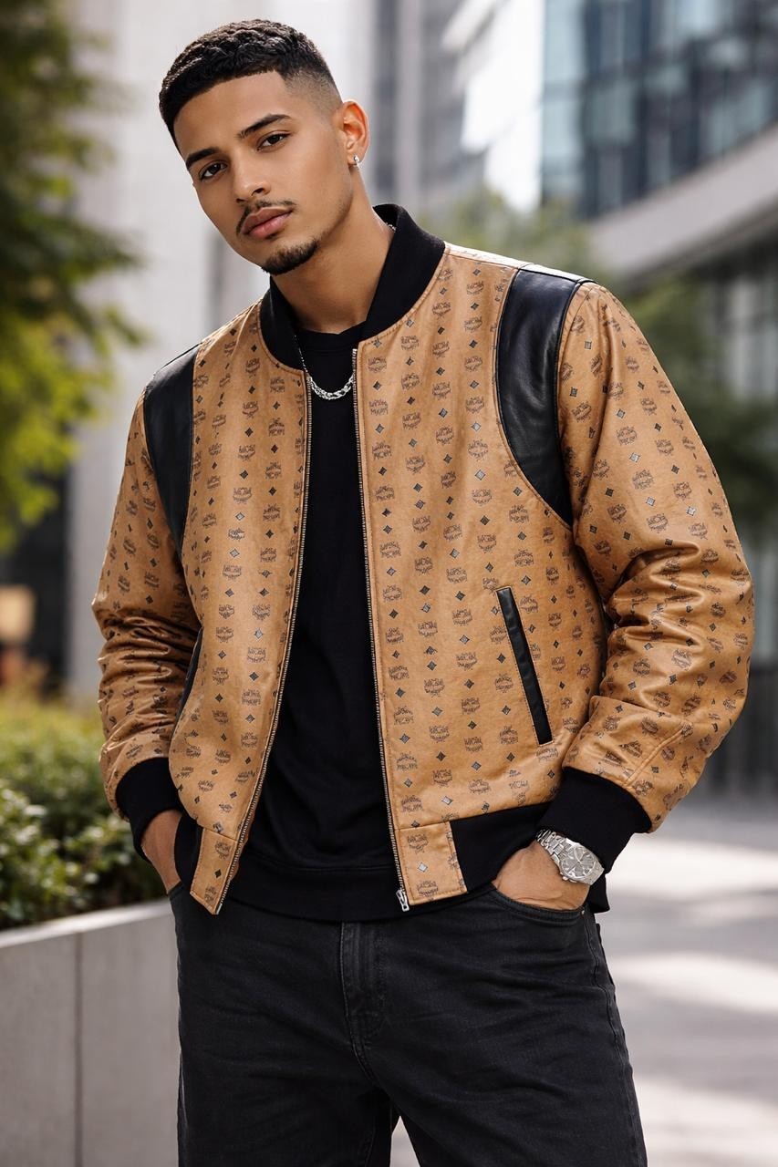 Men\'s MCM Genuine Leather Bomber Jacket Monogram Print Black Trim Casual Coat