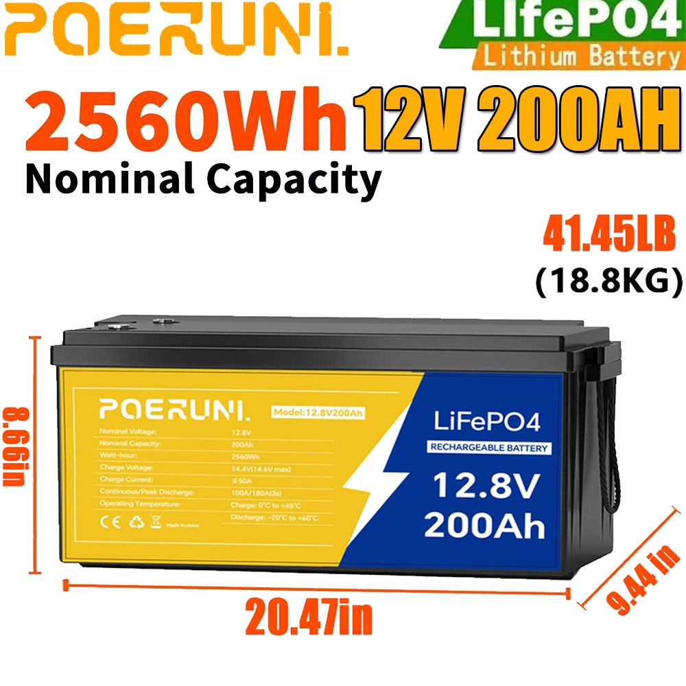 12V 200Ah LiFePO4 Lithium Battery Deep Cycle Built-in BMS for Solar RV Off-Grid