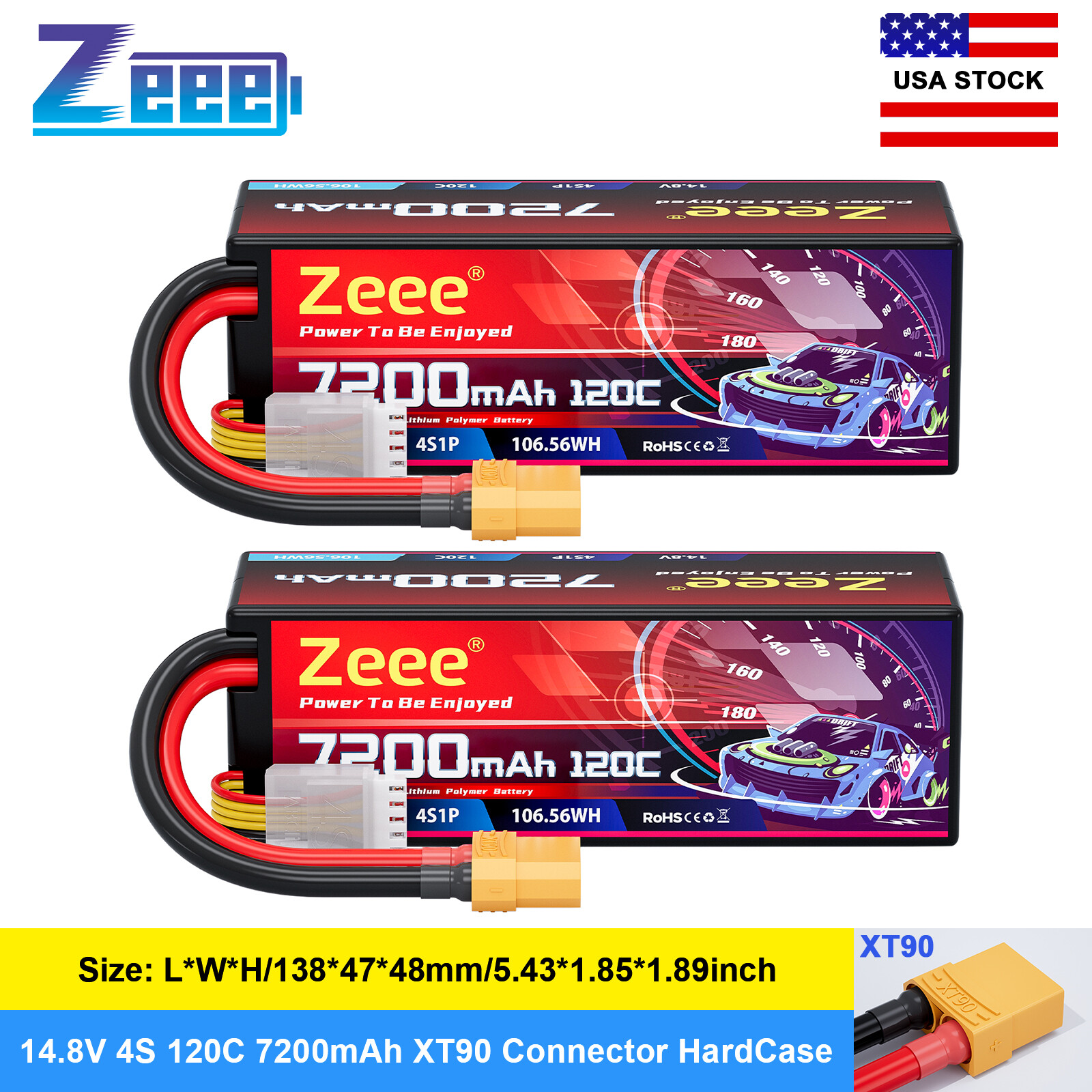 2xZeee 4S 7200mAh LiPo Battery 120C XT90 for X-Maxx Kraton Outcast 8S 1/5 RC Car