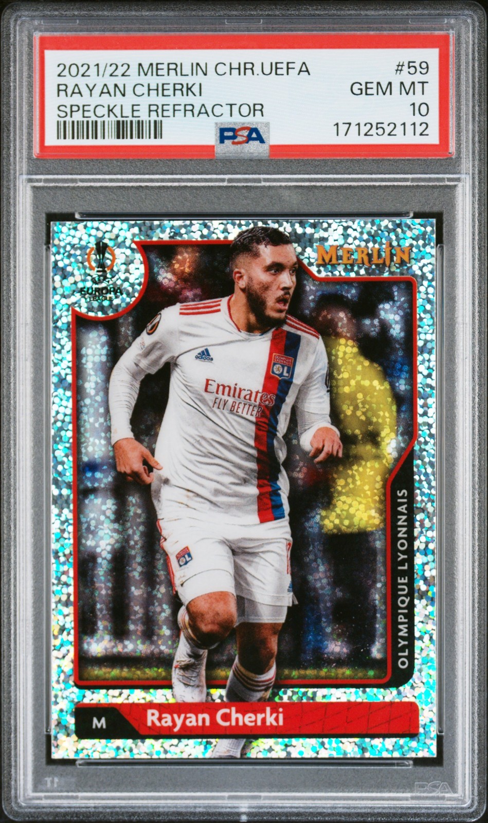 2021-2022 TOPPS MERLIN CHROME UEFA LEAGUE #59 RAYAN CHERKI 10/150 PSA 10