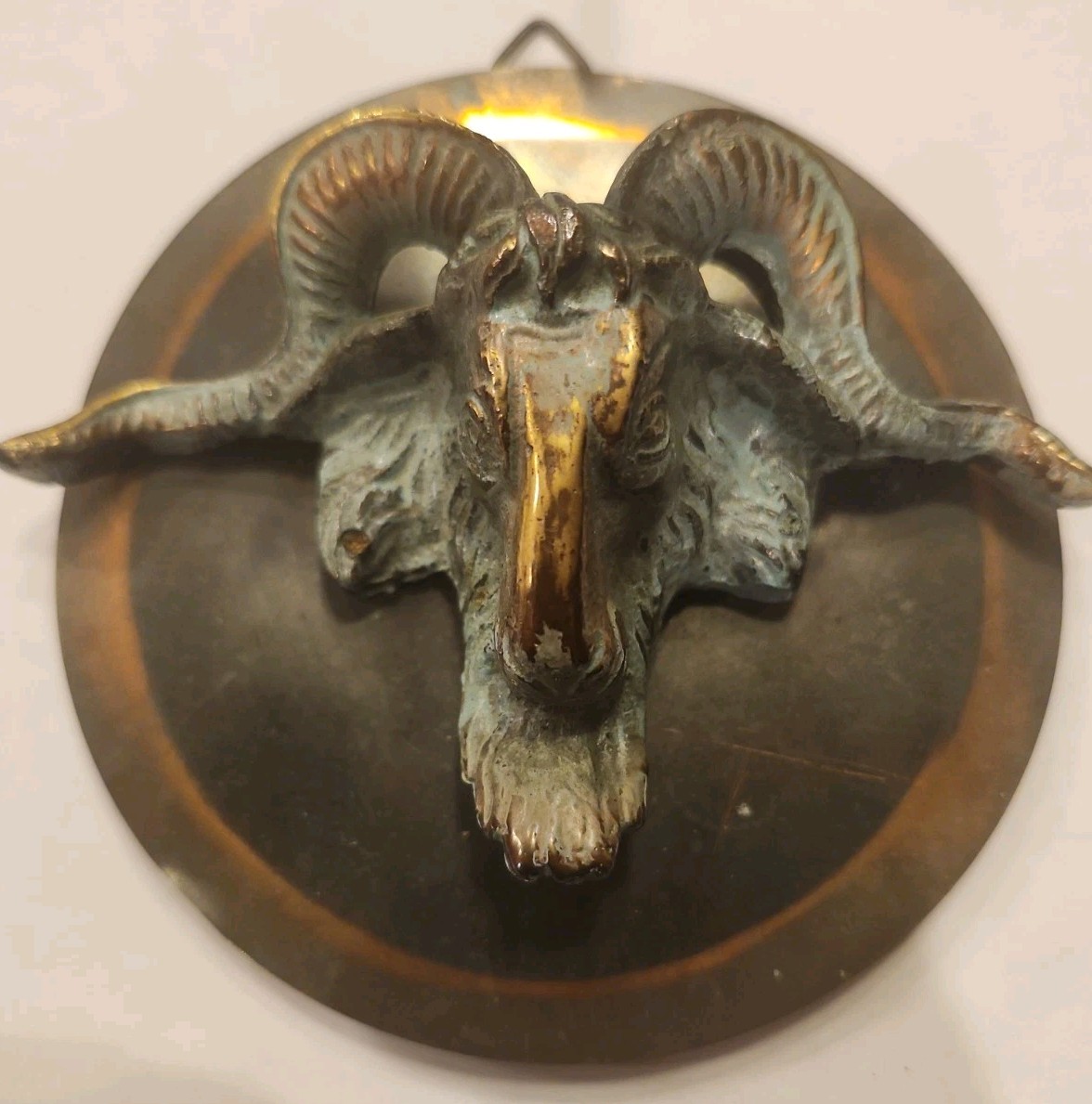 Vintage Solid Ram Goat Head Brass Ring Hanging Sculpture