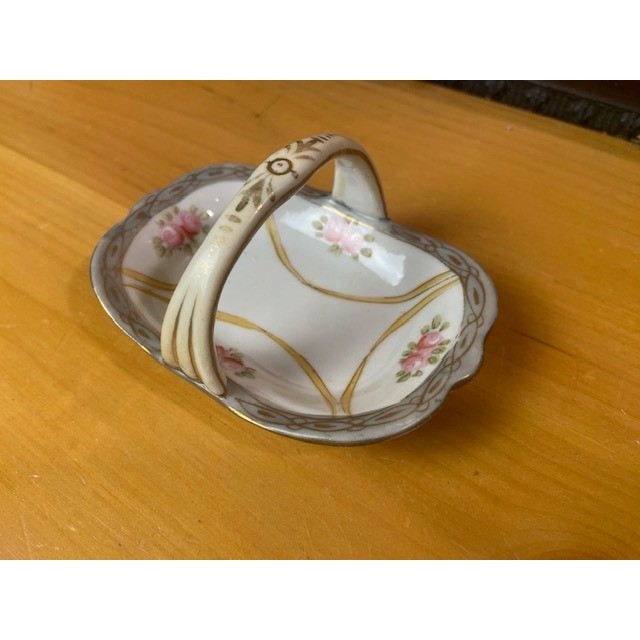 Antique Nippon Hand Painted Porcelain Basket Dish Pink Roses Gold Moriage Decor