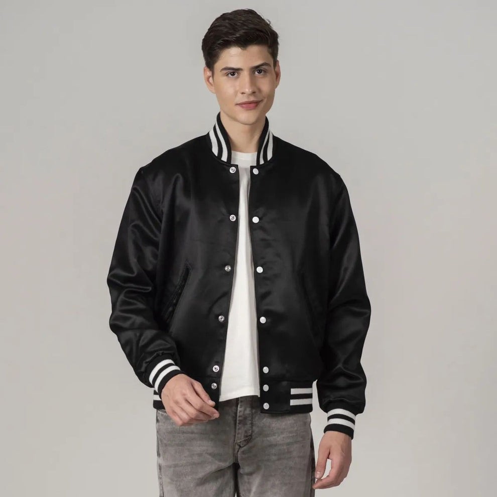 Zapris Full Black Satin JACKET Letterman Bomber Varsity Style Jacket Unisex
