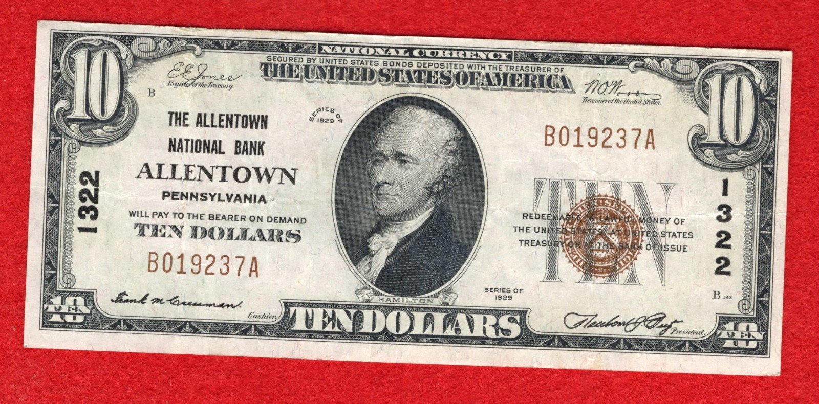 1929 $10 The Allentown National Bank Allentown, PA - X.F. BEAUTIFUL NOTE