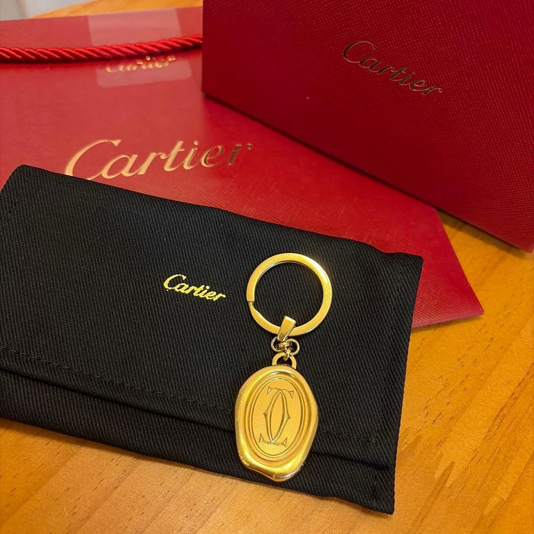 Auth Cartier 2C Sealing Wax Key Ring Charm Gold CROG000307 9101BA Box Warranty