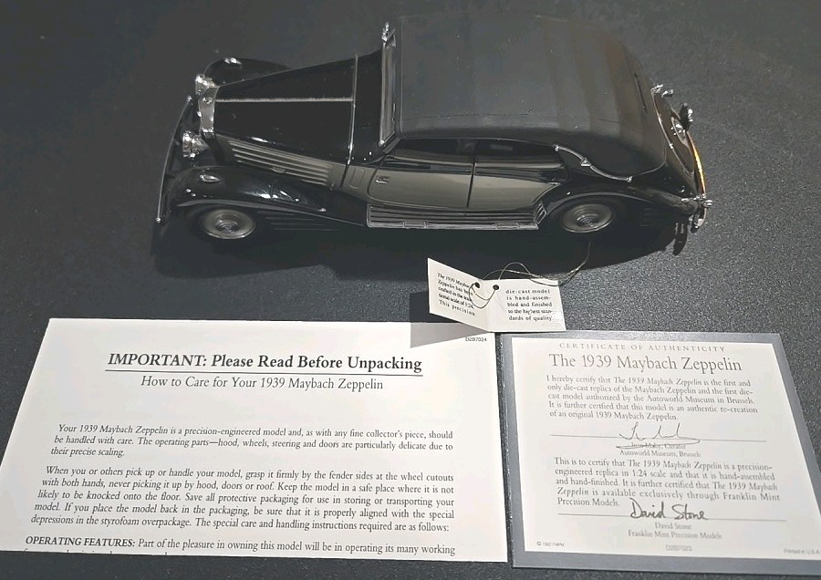 FRANKLIN MINT 1939 MAYBACH ZEPPELIN W/TAG & COA 1/24 SCALE BLACK/SILVER READ