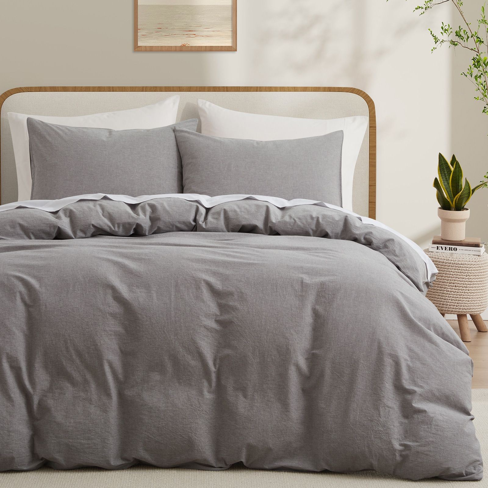 100% Washed Cotton Duvet Cover Set, Light Grey