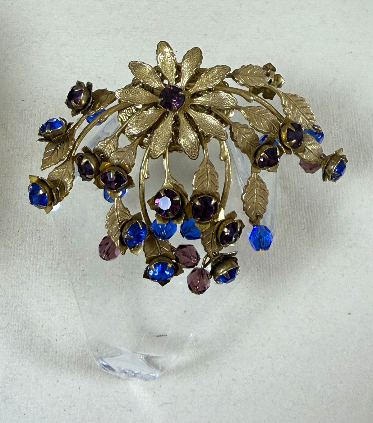 Vintage Miriam Haskell Signed Floral Spray Brooch Blue Purple Glass Dangles