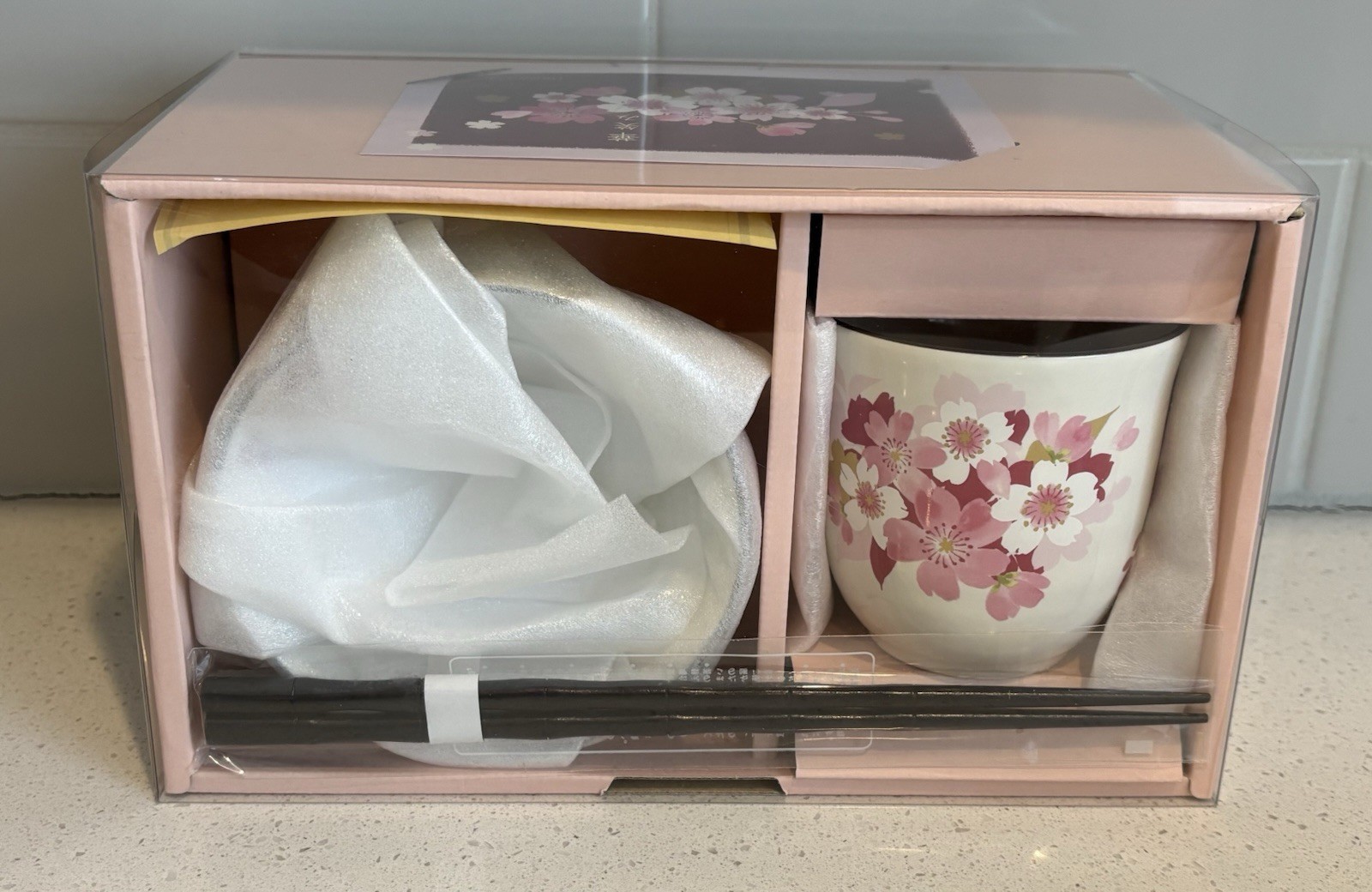 Hana-Emi Sakura Tea Bowl & Chopsticks Gift Set | Ceramic Ai | Made in Japan
