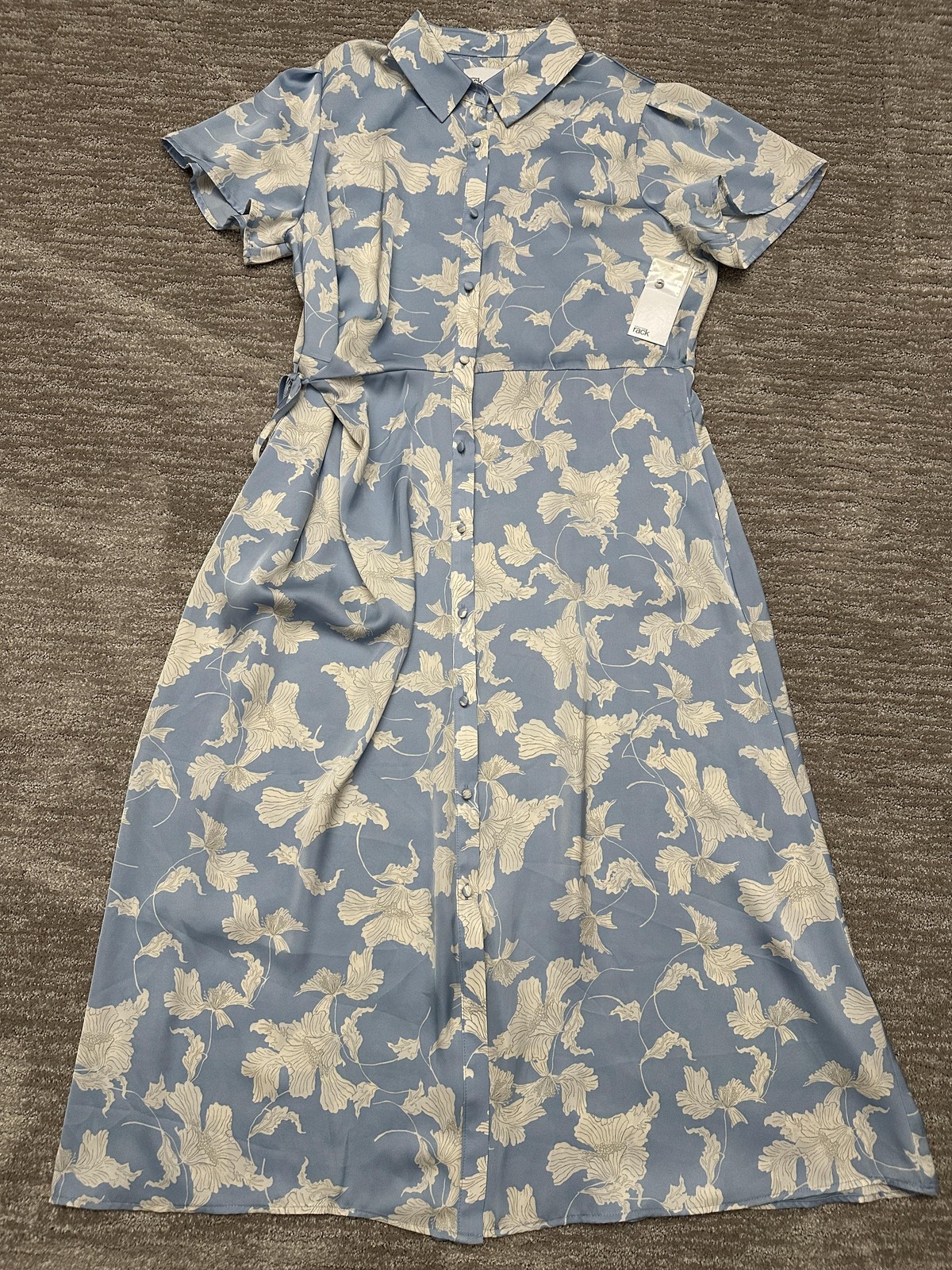 Nordstrom Rack Dress Womens Large Blue White Floral Button Shirt Midi Belted
