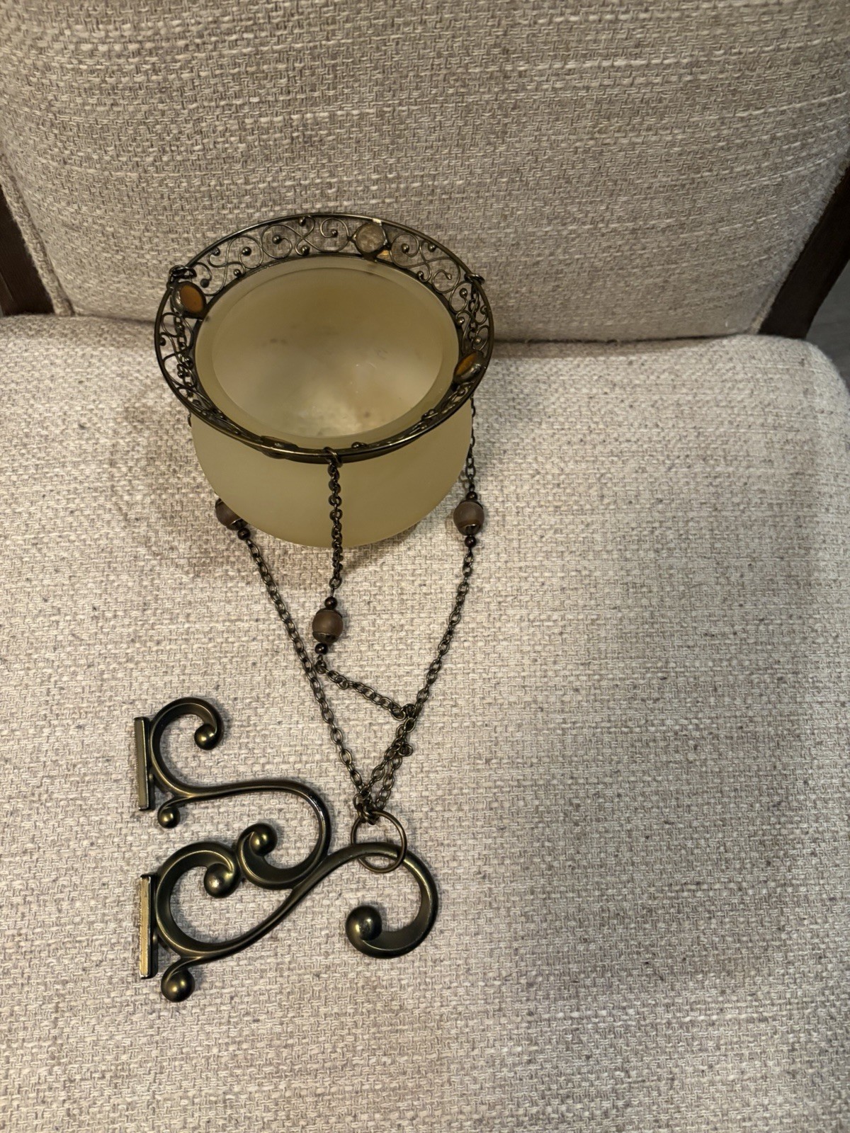 PartyLite Frosted Amber Glass Beaded Hanging Candle Holder Basket
