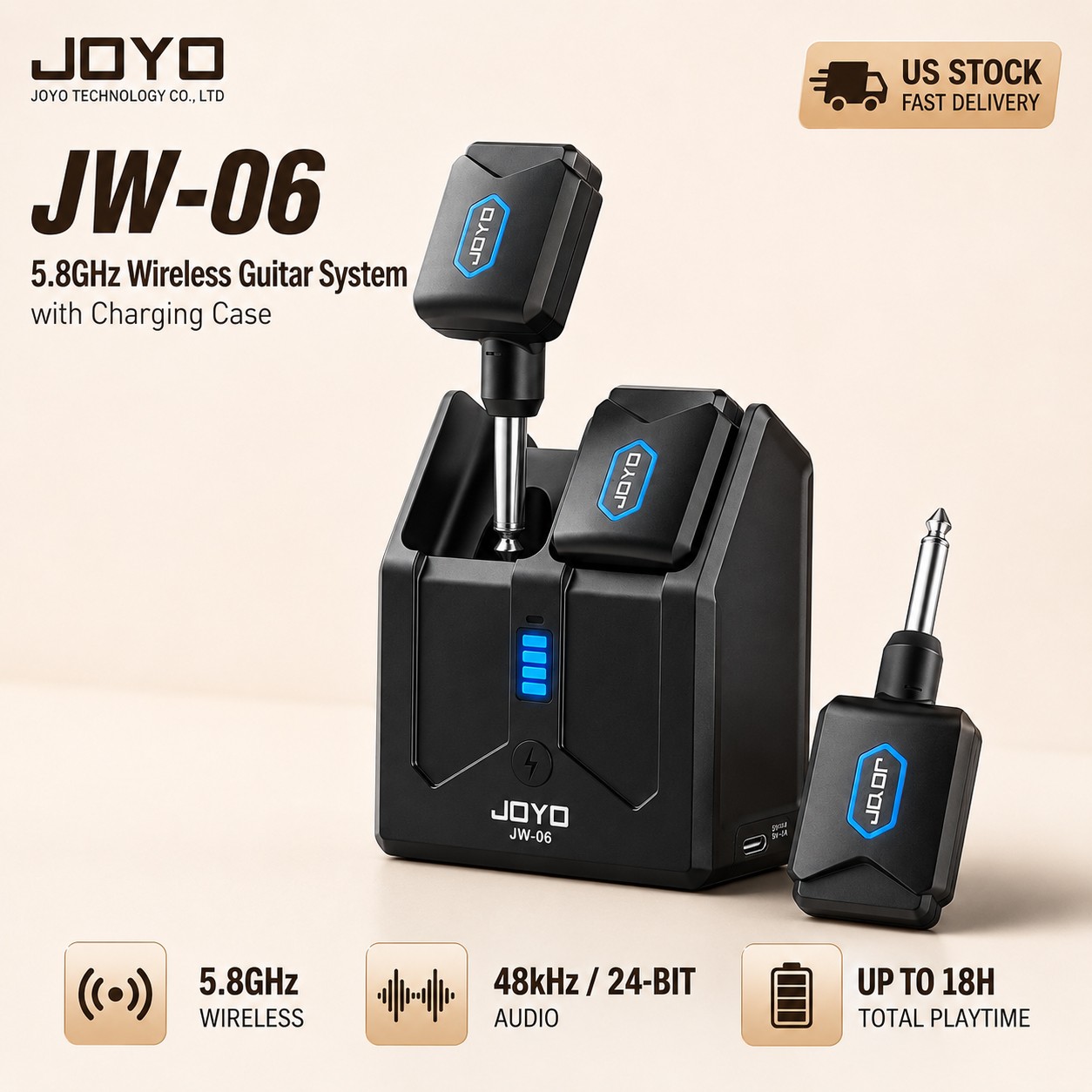 JOYO JW-06 5.8GHz Wireless Guitar System 24Bit Low Latency Charging Case
