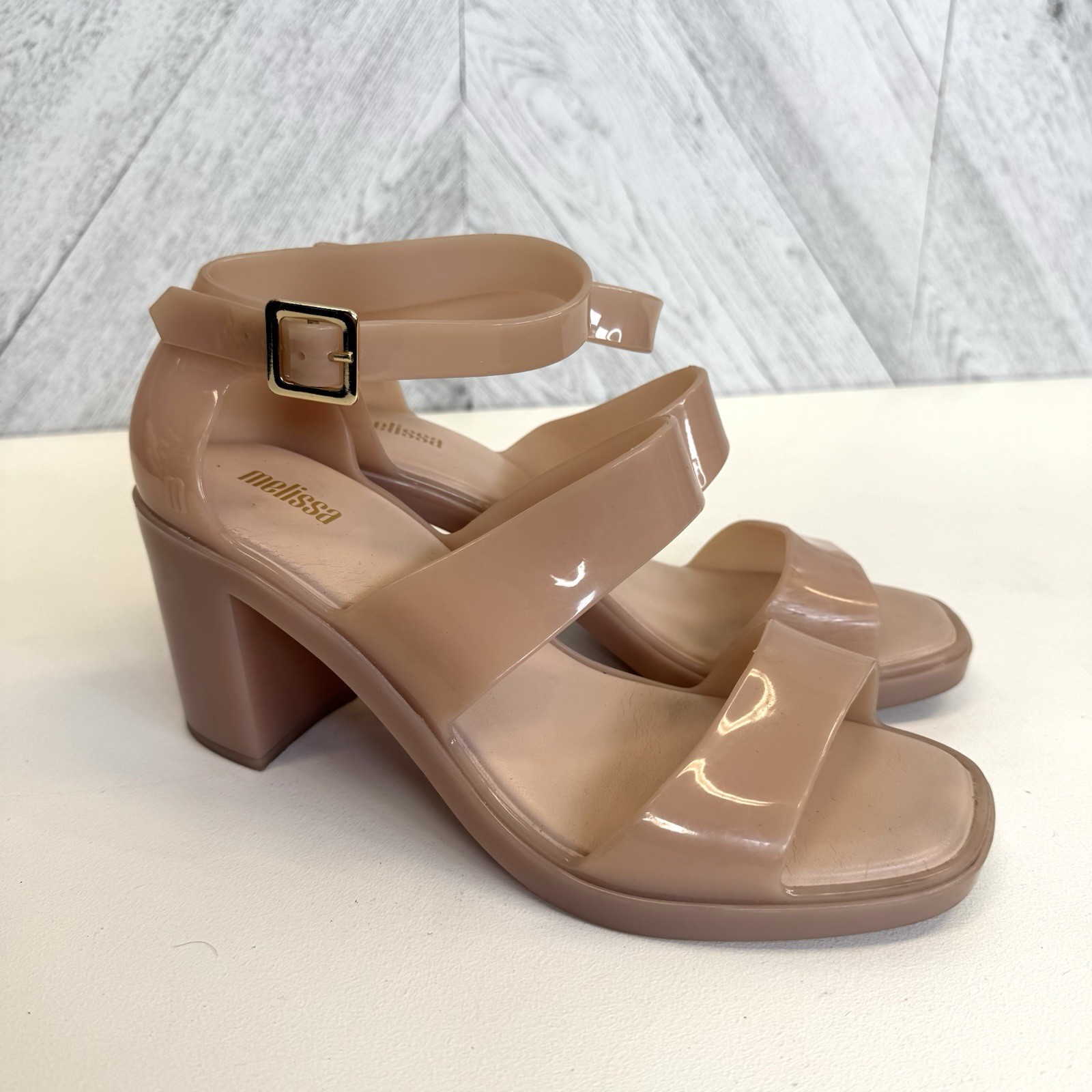 Melissa Model Block Heel Jelly Sandals Shoes Ankle Strap Nude US Size 8 EU 39