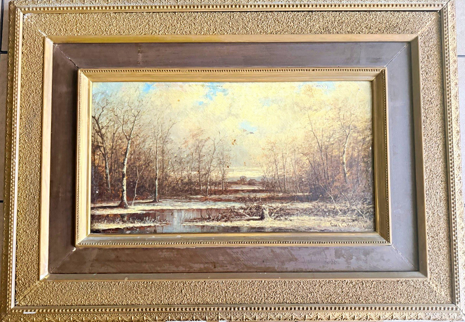 Carl C. Brenner Signed c. 1880s Winter Birch Landscape Oil Painting 12x22 Framed