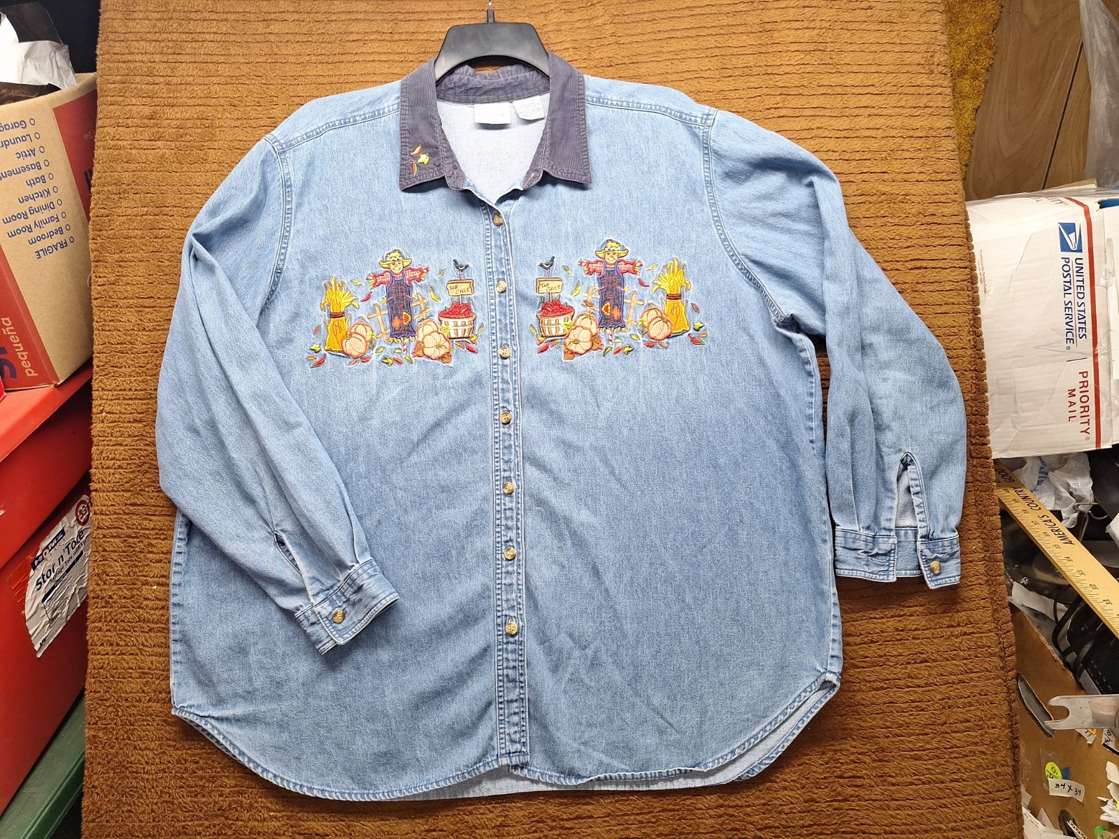 VTG Bobbie Brooks Fall Embroidered Denim Shirt Women Size 3XL Scarecrow Pumpkins VTG Bobbie Brooks Fall Embroidered Denim Shirt Women Size 3XL Scarecrow Pumpkins
