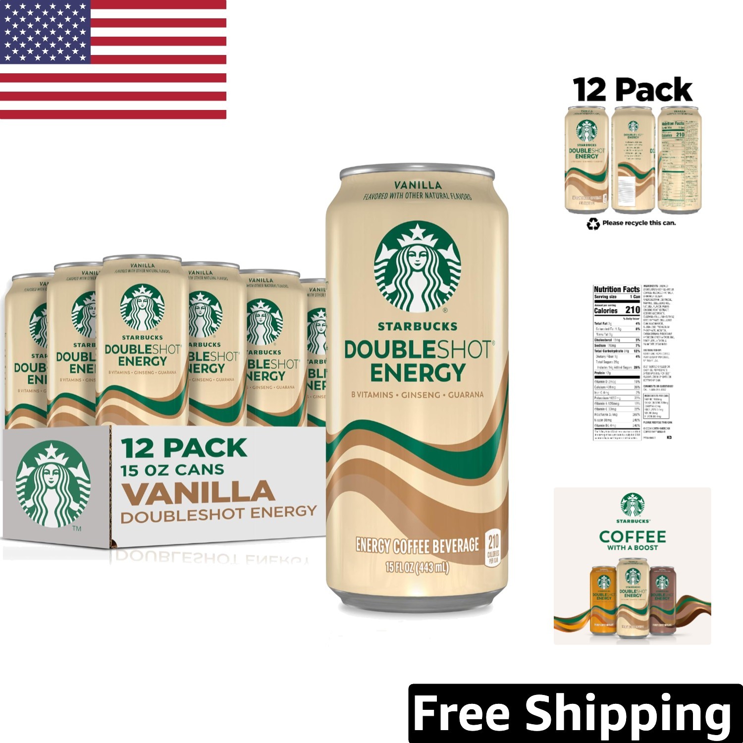 Deliciously Energizing Starbucks Vanilla Doubleshot Coffee 12 Cans - 15oz Each
