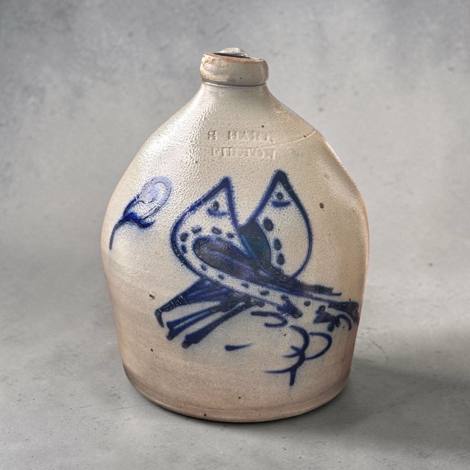 Antique S Hart Fulton New York Two Gallon Jug cobalt birds decoration