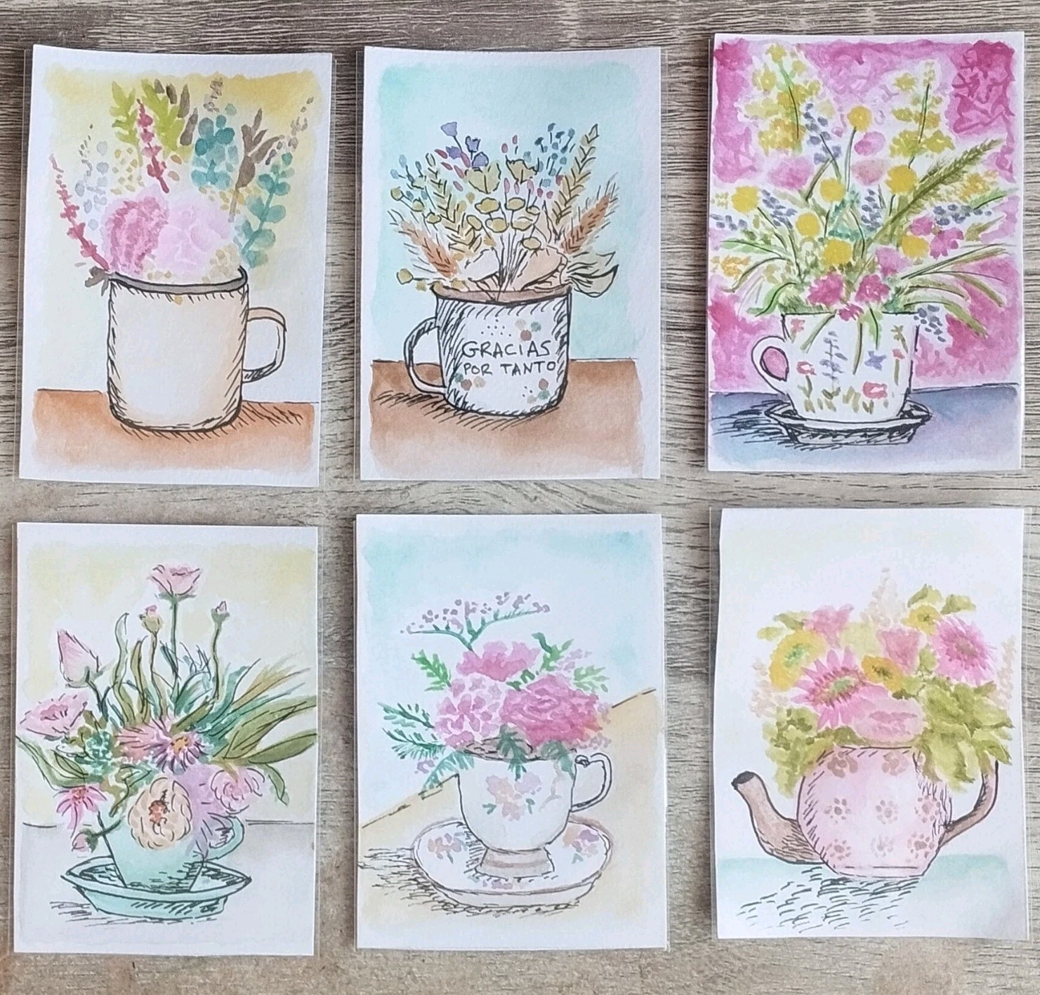 ACEO Original OOAK Flowers Tea Botanical lot 6  signed ArtisticChaptersbyIris