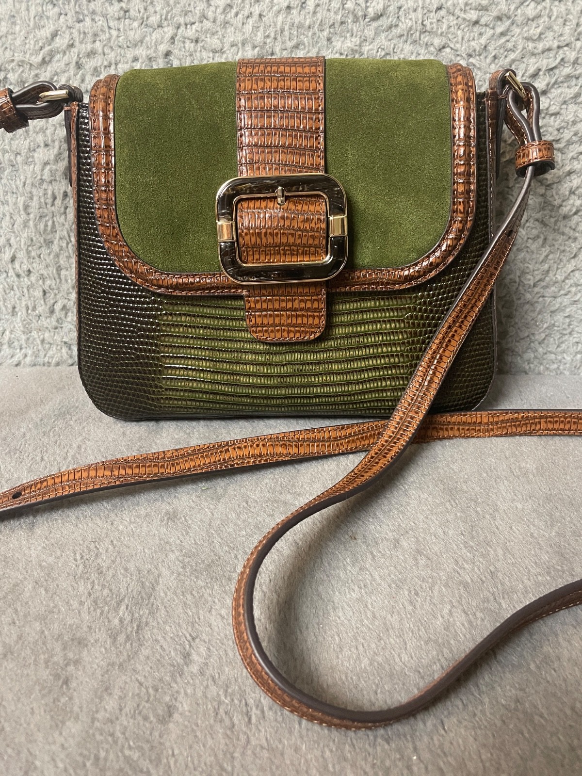 Brahmin Gianna Samba Highgate Handbag Crossbody Green Brown Lizard Suede
