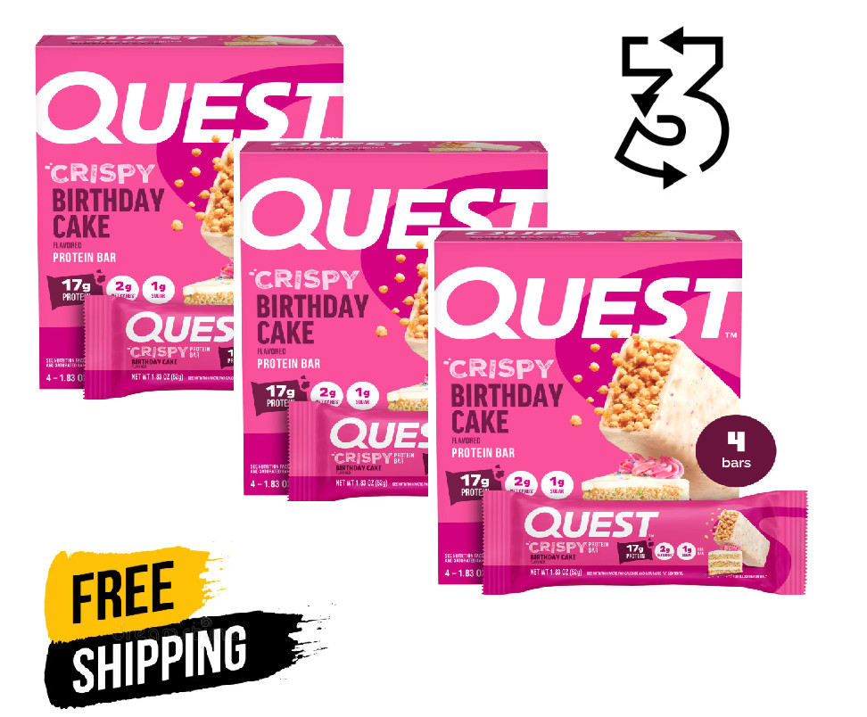 Quest Crispy Hero Protein Bar, Birthday Cake Flavor, Low Sugar, 3 Packs x4 Count