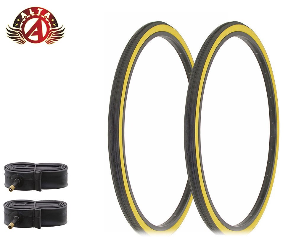 2 ALTA BICYCLE WIRE BEAD TIRE 26 x 1-3/8 BLACK GUM SLICK TOURING TREAD W/TUBES.