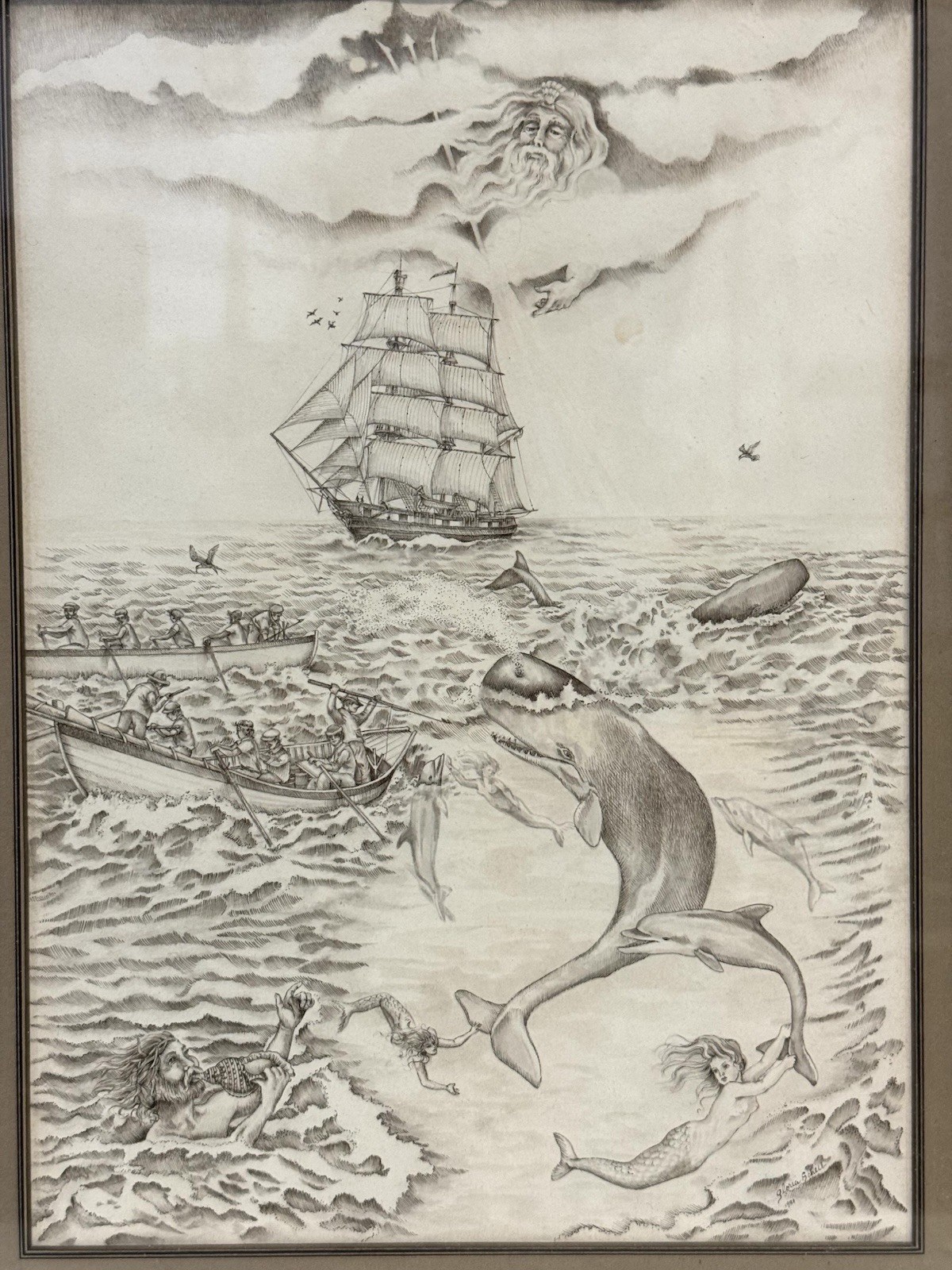 Vintage Gloria Scheib Fantasy Maritime Drawing Signed Framed Dated 1981